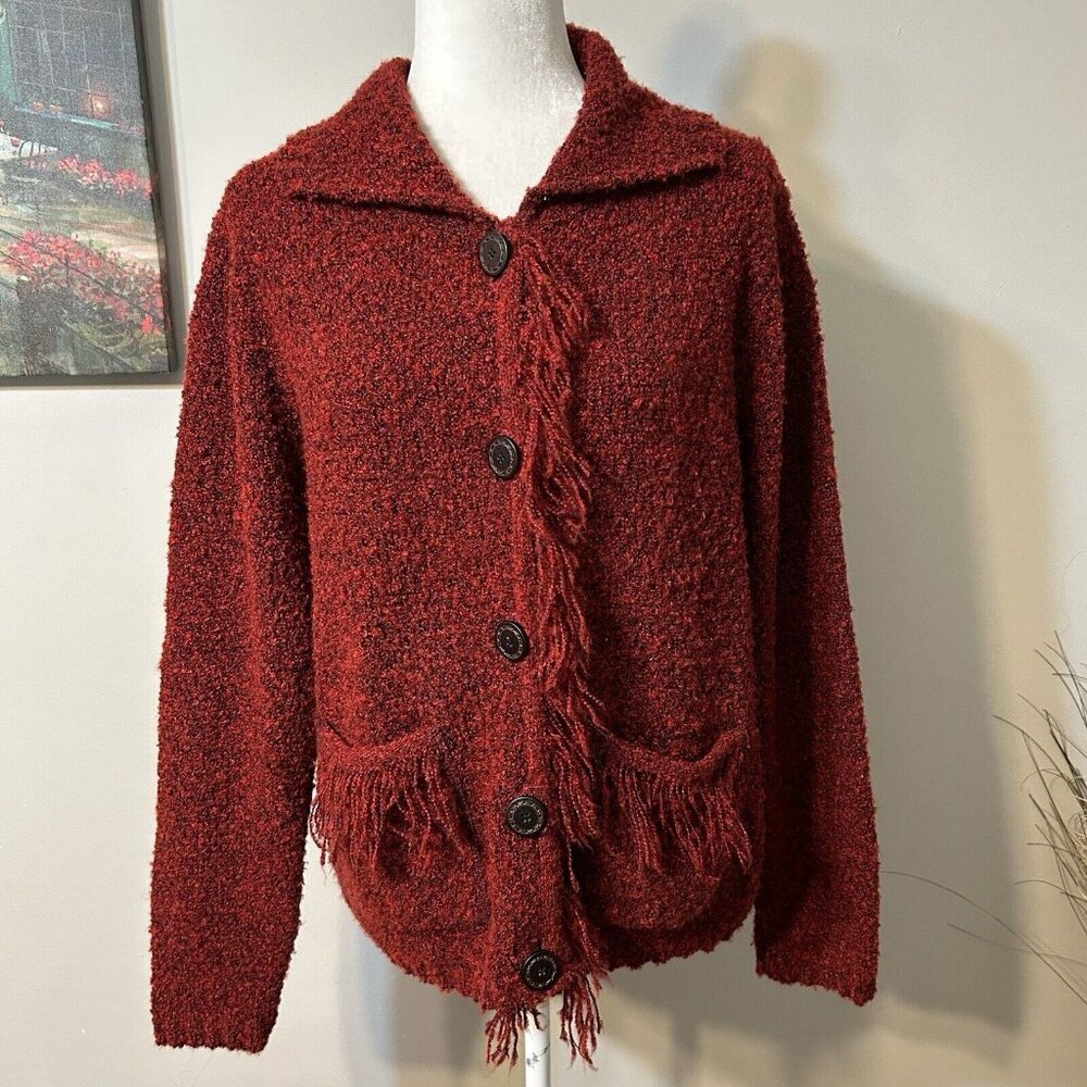 Peter Carol Chunky Knit Fringe Button Front  Red Sweater Cardigan Sz L Pockets
